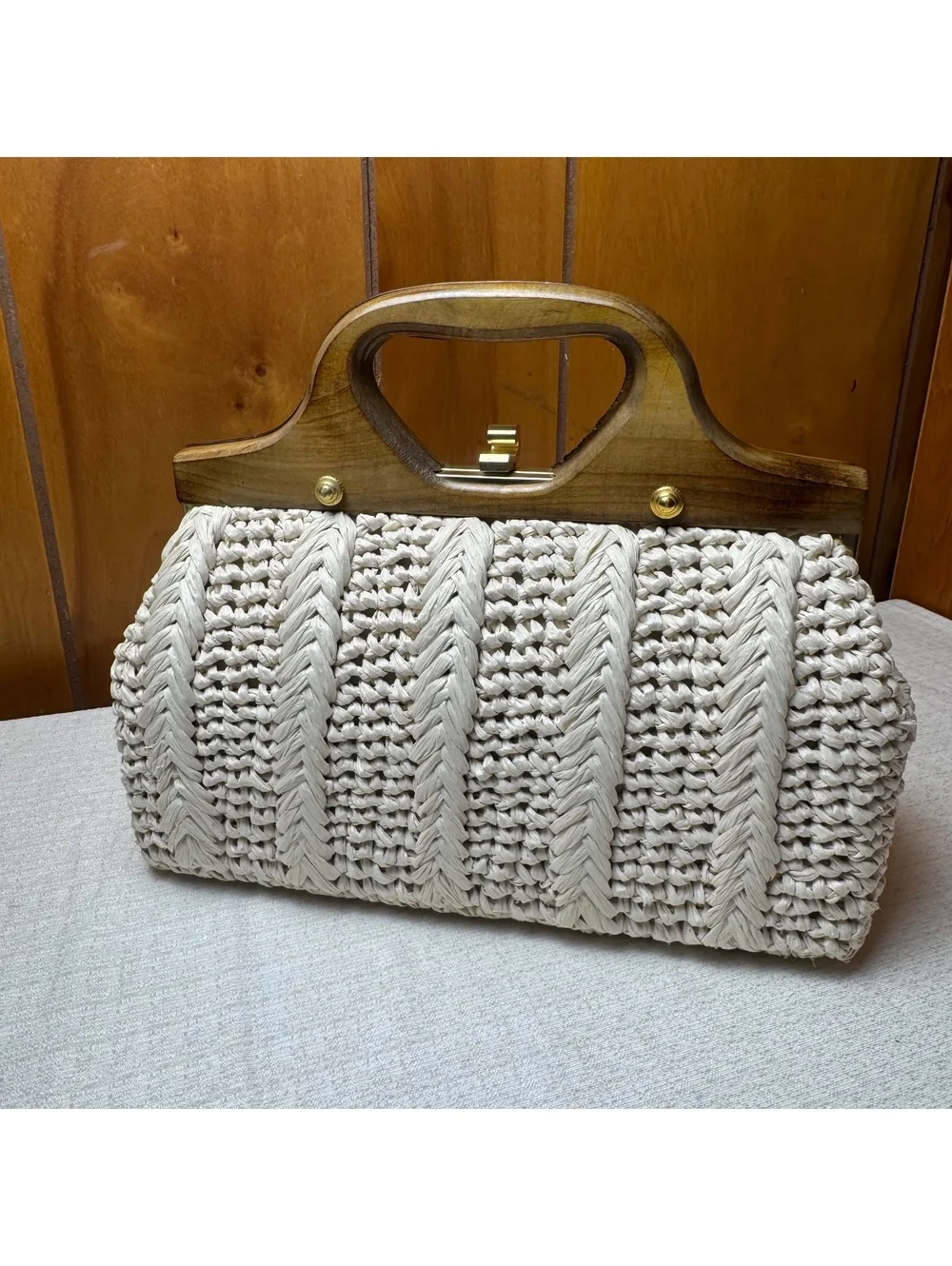 Vintage Italian Raffia Handbag Wooden Handle Clutch Purse Made In Ital